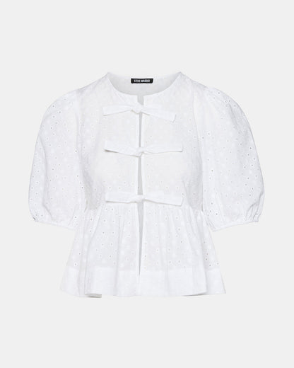 PAULA Top White Short-Sleeved Tie-Front Eyelet Top - Steve Madden