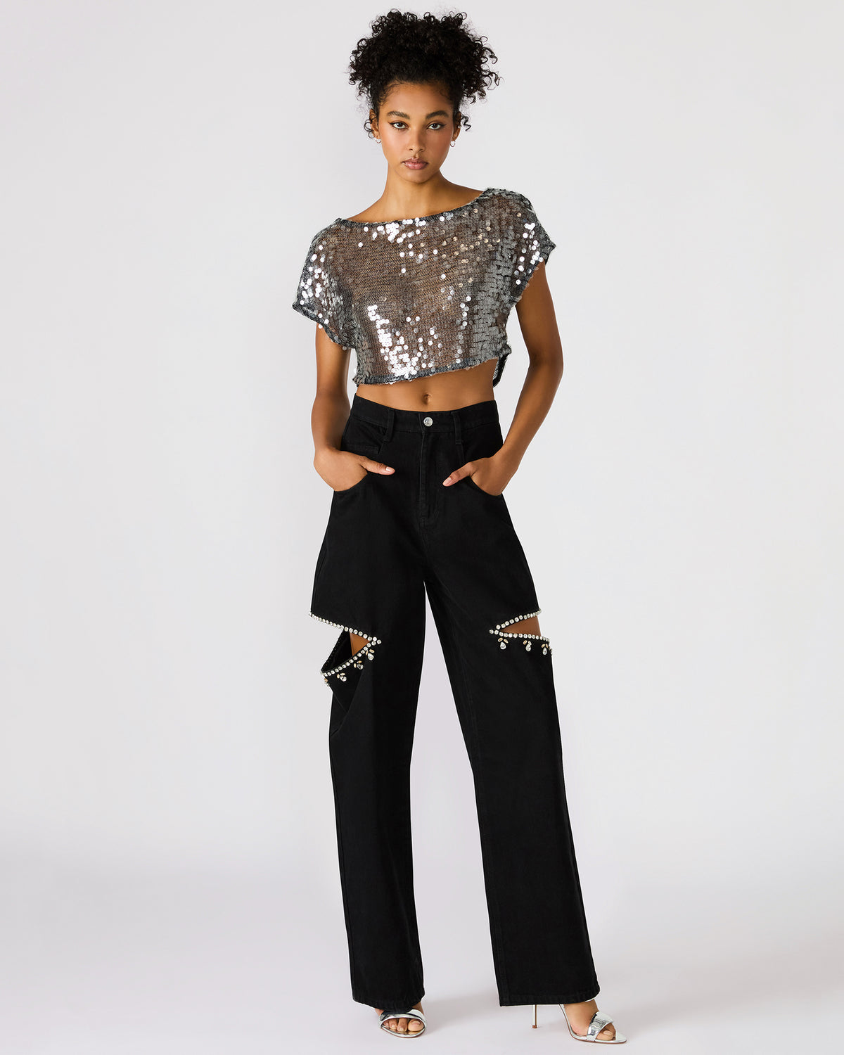 AYLA Black Straight-Leg Rhinestone Embellished Slit Women's Jean - Steve Madden