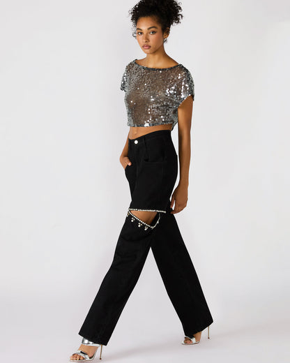 AYLA Black Straight-Leg Rhinestone Embellished Slit Women's Jean - Steve Madden