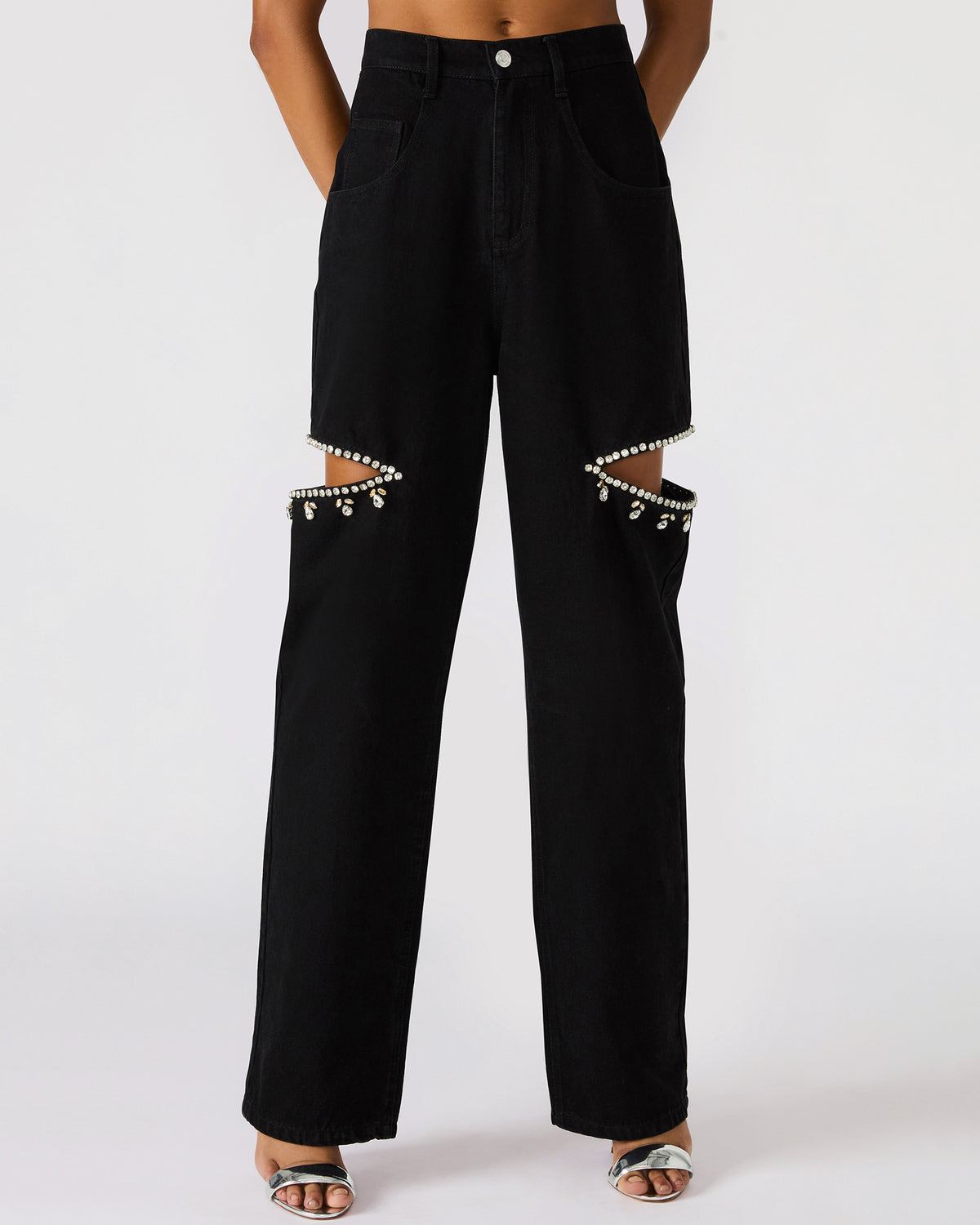 AYLA Black Straight-Leg Rhinestone Embellished Slit Women's Jean - Steve Madden