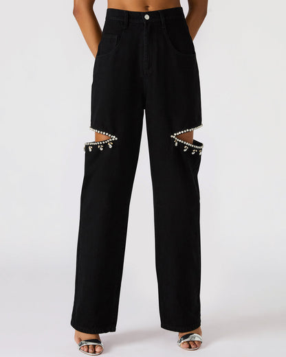 AYLA Black Straight-Leg Rhinestone Embellished Slit Women's Jean - Steve Madden