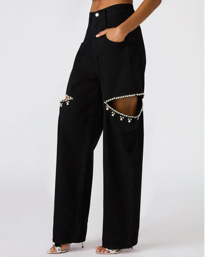 AYLA Black Straight-Leg Rhinestone Embellished Slit Women's Jean - Steve Madden