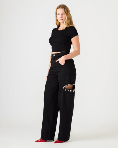AYLA Black Straight-Leg Rhinestone Embellished Slit Women's Jean - Steve Madden