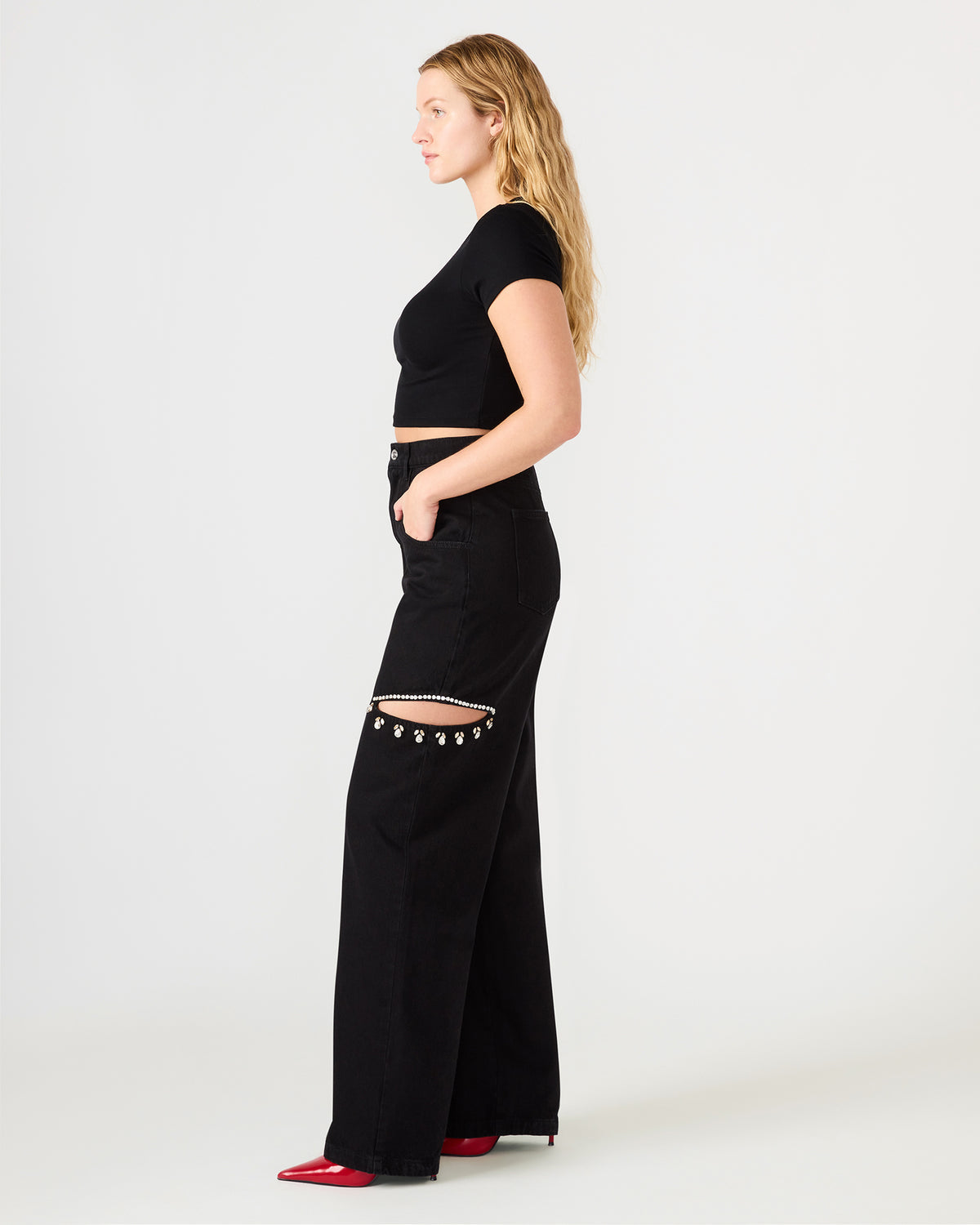 AYLA Black Straight-Leg Rhinestone Embellished Slit Women's Jean - Steve Madden