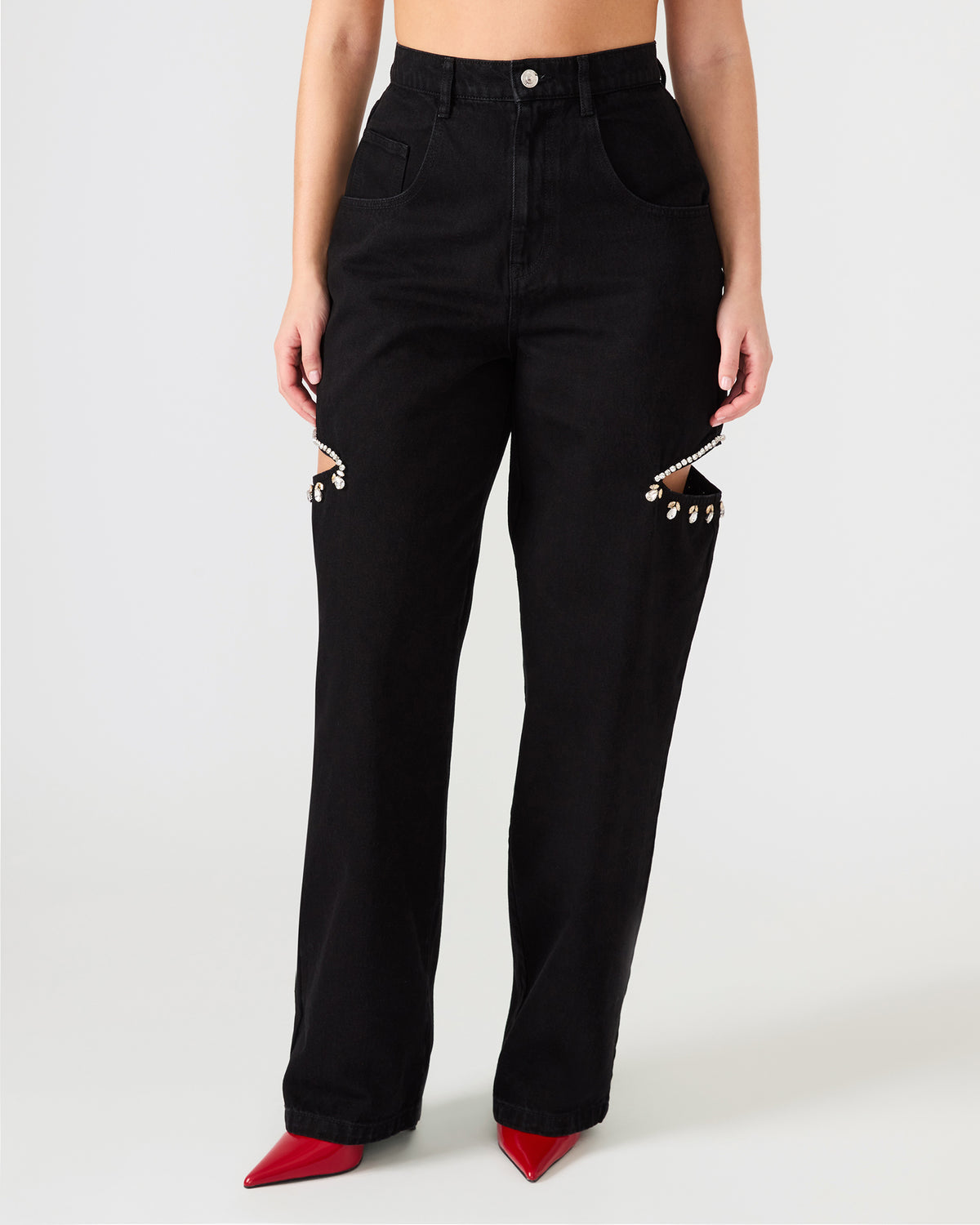 AYLA Black Straight-Leg Rhinestone Embellished Slit Women's Jean - Steve Madden