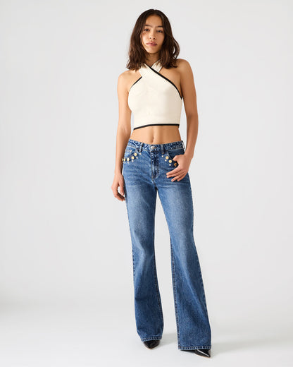IRYS Dark Navy High-Rise Flare Gold Detail Buttons Women's Jean - Steve Madden