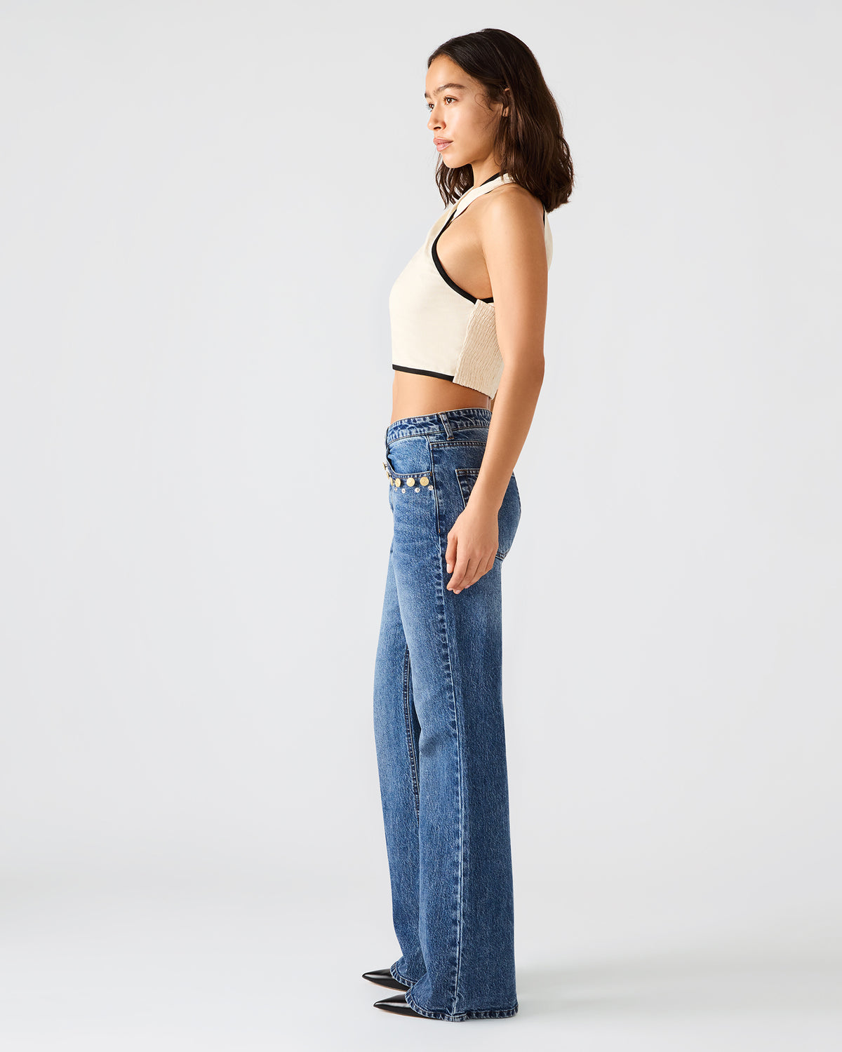 IRYS Dark Navy High-Rise Flare Gold Detail Buttons Women's Jean - Steve Madden