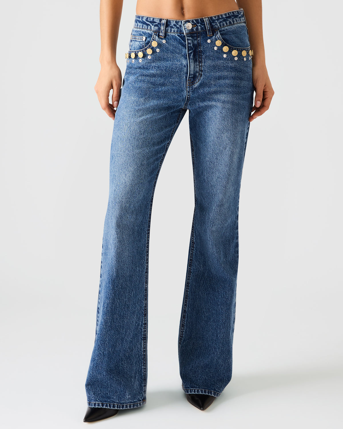 IRYS Dark Navy High-Rise Flare Gold Detail Buttons Women's Jean - Steve Madden