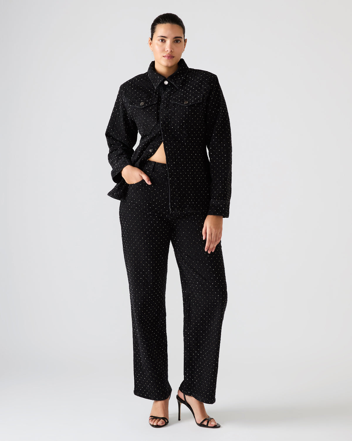 AVALINE Crystal Black Straight-Leg Rhinestone Embellished Denim Women's Jeans - Steve Madden