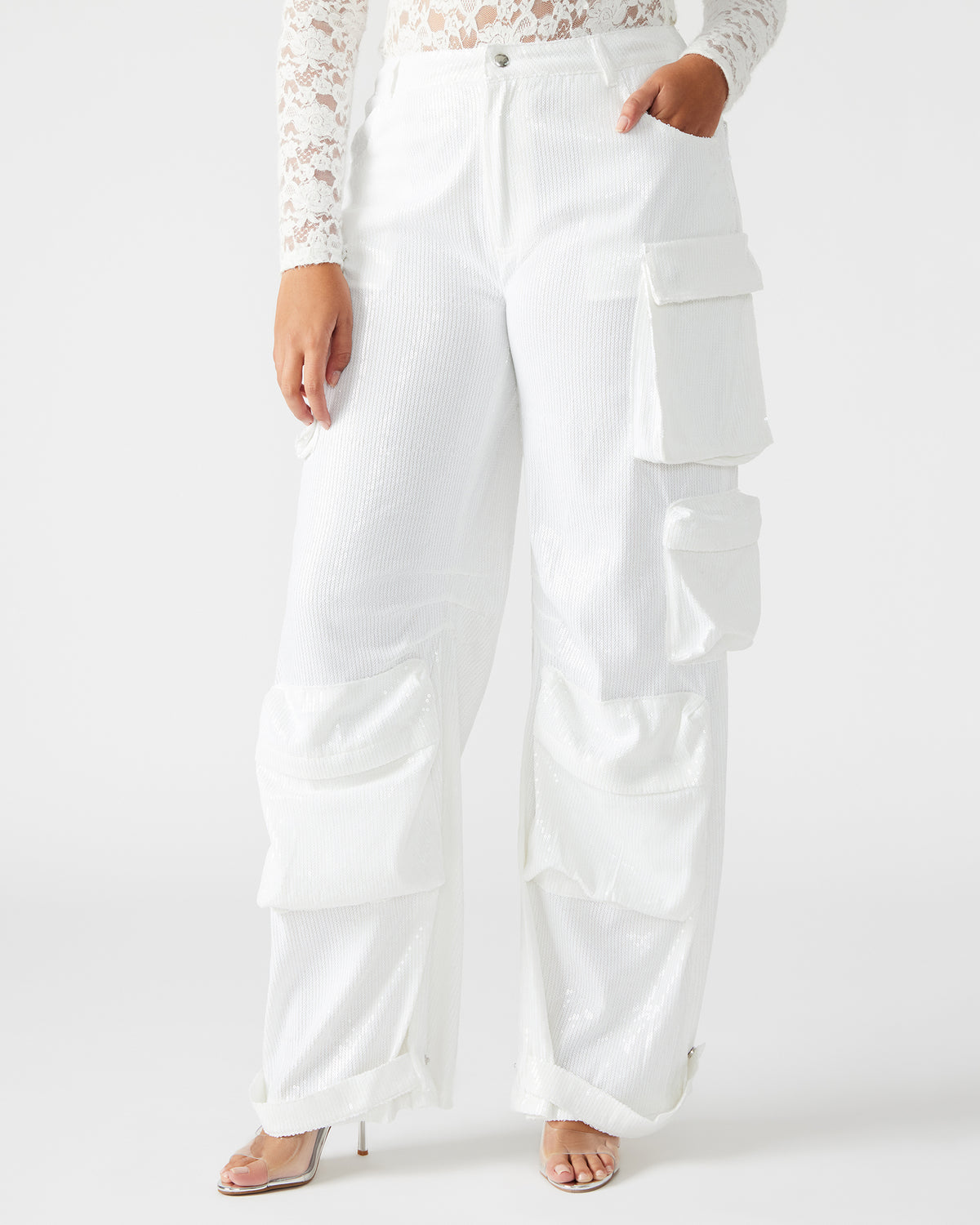 DUO White Sequin Women's Utility Cargo Pants - Steve Madden
