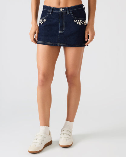 BRIELLIA Bijou Blue Denim Rhinestone Embellished Mini Women's Skirt - Steve Madden