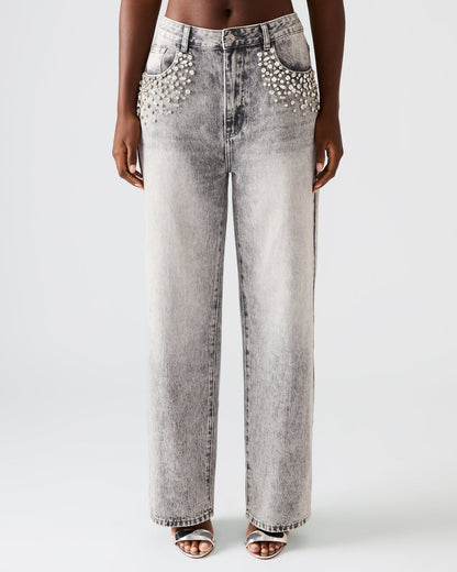 ERAS Fog Rhinestone Embellised Straight-Leg Denim Women's Jeans - Steve Madden