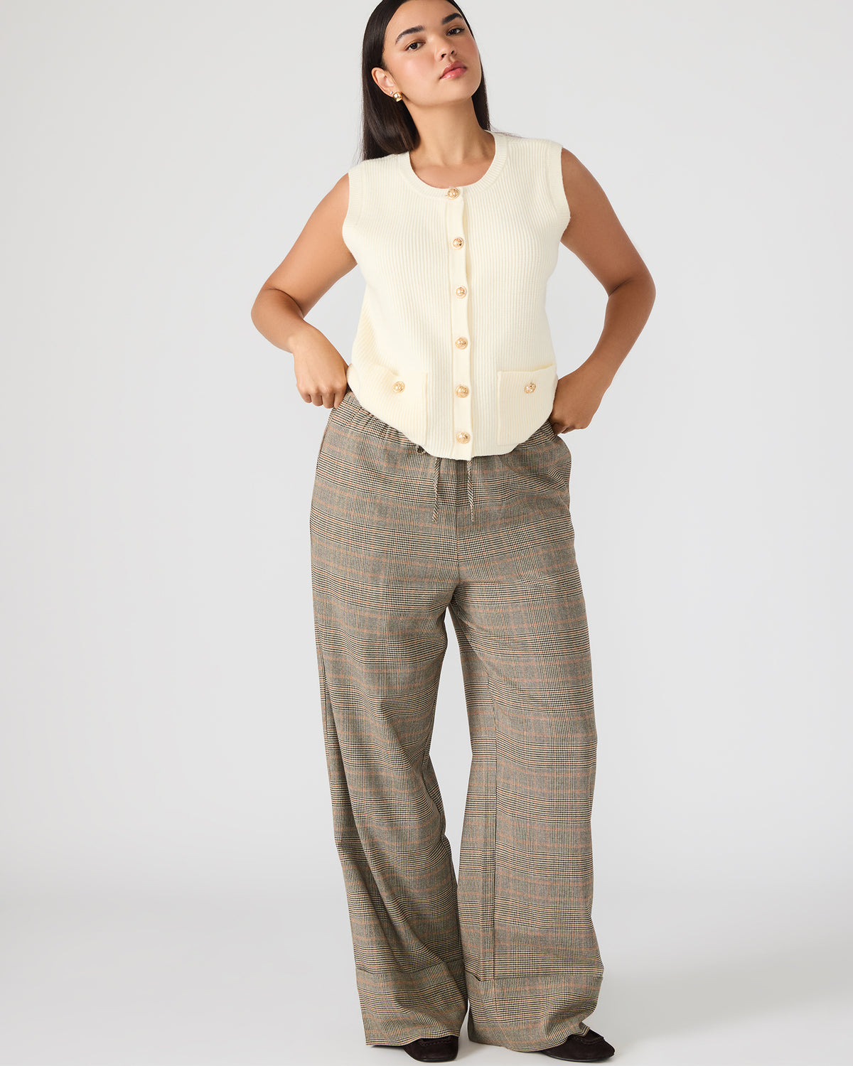 IDRA Brown Pull-On Tie-Front Cuffed Plaid Women's Pants - Steve Madden