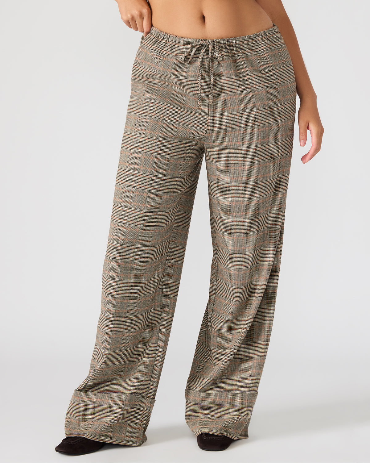 IDRA Brown Pull-On Tie-Front Cuffed Plaid Women's Pants - Steve Madden