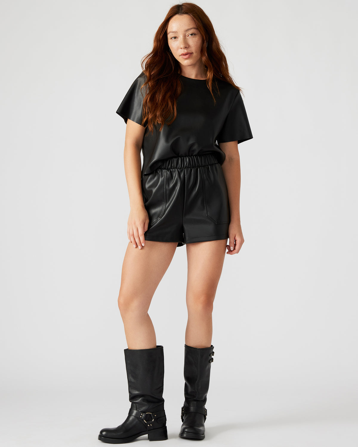 FAUX THE RECORD Short Black | Women's Faux Leather Short - Steve Madden