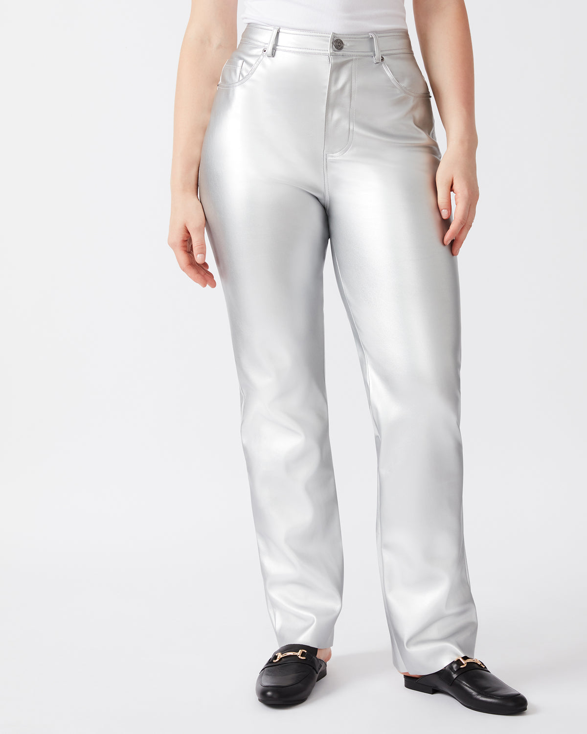 LOREN Pant Silver | Women's Faux Leather Straight Leg Pant - Steve Madden