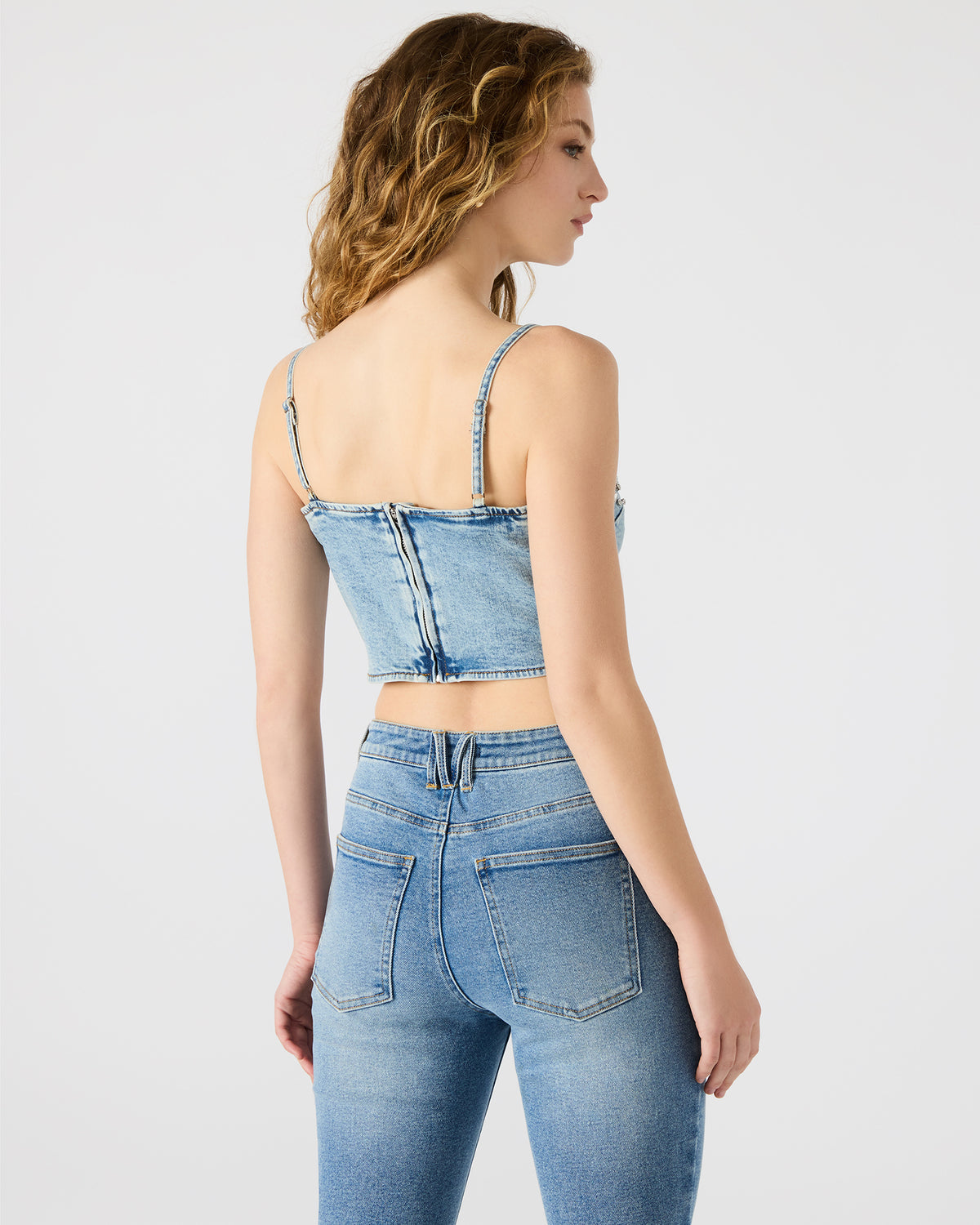 ERAS Denim Rhinestone Embellished Corset Cropped Matching Set Women's Top - Steve Madden