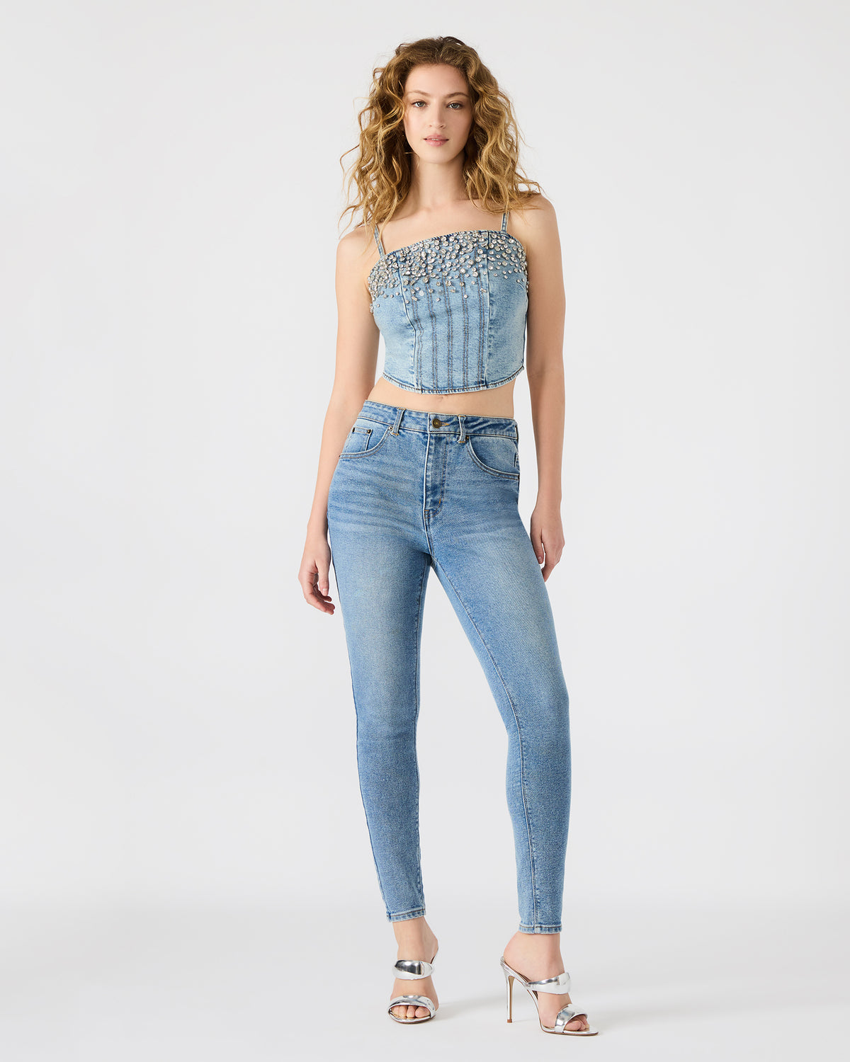 ERAS Denim Rhinestone Embellished Corset Cropped Matching Set Women's Top - Steve Madden