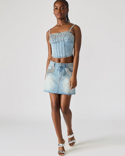 ERAS Denim Rhinestone Embellished Corset Cropped Matching Set Women's Top - Steve Madden