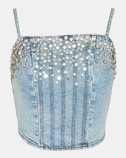 ERAS Denim Rhinestone Embellished Corset Cropped Matching Set Women's Top - Steve Madden