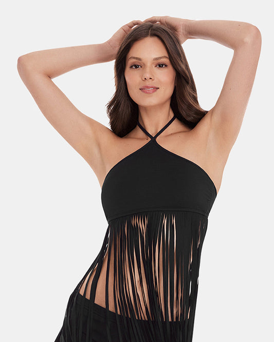 WHAT A STUD BIKINI TOP Black Halter Neckline Fringe Women's Bikini Top - Steve Madden